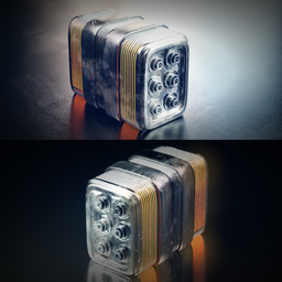 "Blender 3D model of a machine category booster with translucent greebles and custom headlights. Suitable for sci-fi and industrial scenes. Inspired by Liam Wong and Christoffel van den Berghe's techniques."