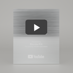 "3D model of a YouTube Silver Play Button created in Blender 3D. Features include polished metal with engraved YouTube logo, packaging award, and black fluid simulation. Perfect for celebrating 100,000 subscribers."