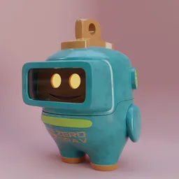 Friendly teal robot 3D model with big eyes, suitable for children's animation, rendered in Blender.