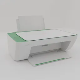 Realistic 3D model of a modern white and green desktop printer with paper output, designed in Blender, perfect for digital office setups.