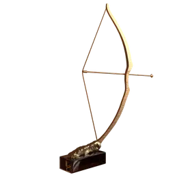"3D model of a stunning sculpture - a bow pulled with arrow on a resin base with gold and luxury materials, featuring symmetrical design and thick wooden frame. Ideal for Blender 3D users and sculpture enthusiasts. Rate and enjoy the bronze-skinned tabaxi creation with award-winning retopology, rendered in Maxwell render."