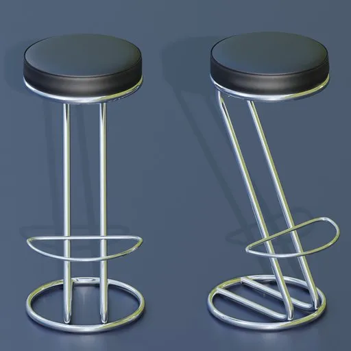 Detailed 3D rendering of a stylish leather bar stool with Z-shaped chrome frame, ideal for interior design in Blender.