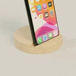 3D printed wooden texture phone stand with smartphone on display, optimized for Blender 3D artists.