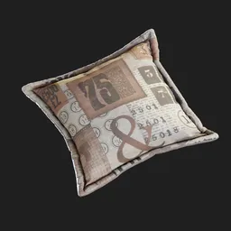 "Blender 3D model of a pillow with a printed design featuring a couple of letters. Created using Substance Painter 3D, the cushion has a flexible character code and is made of linen and cotton materials. Designed by Ei-Q, this pillow is perfect for adding a unique touch to your 3D furniture renders."