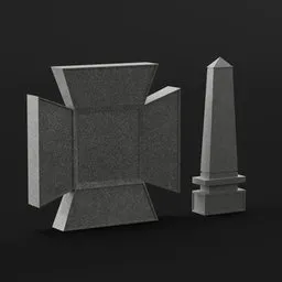 "Low-poly Tombstone 3D model for Blender 3D with detailed design and realistic textures. Perfect for death-related games or animations. Two examples of tombstones with unique obelisk and cross features."