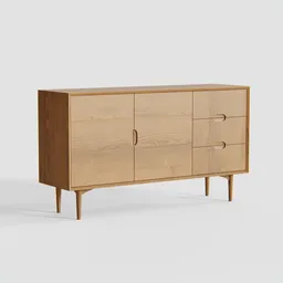 "Mid-century modern Pinewood Sideboard Cabinet 3D model for Blender 3D. Featuring three drawers, a door and interior, inspired by real furniture found on Loungelovers website. Created with Quixel Megascans wooden textures for an authentic look."