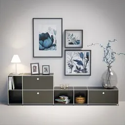 Detailed 3D model of a modern sideboard with decor, ideal for Blender 3D projects in interior design visualization.