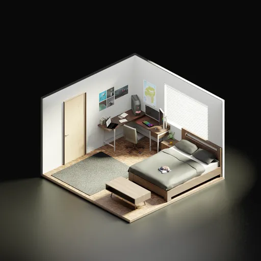 Isometric 3D model of a university dorm room with bed, desk, and personal touches created in Blender.