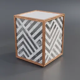 "Jet Set End Table: Modern 5-sided table featuring geometric wood design, copper molding, and marble panels for fancy environments. Created using Blender 3D software."