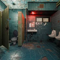 Realistic 3D model of a grimy public bathroom with urinals, toilet, and basin, showcasing detailed textures and lighting.