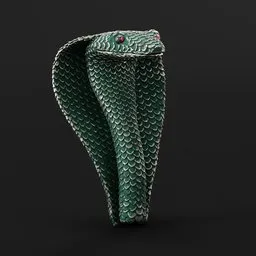 "Medieval cobra head statue with green snake skin texture, featuring cloth simulation created with Houdini. This detailed 3D model, designed in Blender 3D, showcases a close-up view of the snake head, complete with intricate jewellery and captivating snake eyes. Perfect for Blender 3D enthusiasts seeking a unique and visually stunning reptile-themed asset."