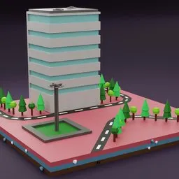 "Lowpoly commercial skyscraper model in Blender 3D with an unobstructed road, hexagonal design, and surrounding trees on a city street. Ideal asset for game developers and animation enthusiasts. Rendered in cartographic style and available in 8k resolution."