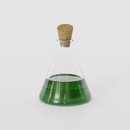 "High-quality Blender 3D model of an Erlenmeyer Flask with a cork stopper and green liquid. Perfect for medical or laboratory scenes. Inspired by Bartolomeo Cesi with an Octane render."