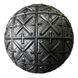 Textured PBR metallic panel 3D material with embossed cross pattern for Blender, includes depth via displacement maps.