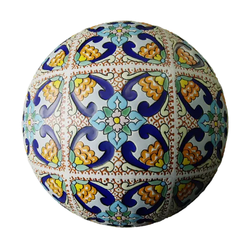 High-quality rustic hand-painted ceramic tile texture for 3D models in Blender with PBR node configuration.