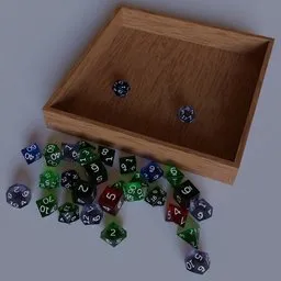 Semi-transparent multi-colored dice set with wooden tray, 3D model render for Blender gaming accessories.
