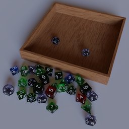 "Collection of transparent and colorful gaming dice with a rolling tray, rendered in Octane for Blender 3D. Includes d4, d6, d8, d10, d12, d20 and percentile dice. Perfect for tabletop RPG enthusiasts."