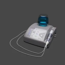 "3D model of Hu Friedy Symmetry Scaler for dental care, created with Blender 3D software. Features a small blue device connected to a cord with a charging plug in the chest. Rendered with subsurface scattering and toon graphics."