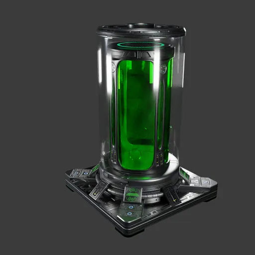 Detailed 3D rendering of a futuristic medical incubator with green fluid, for Blender 3D artists.