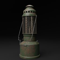 "Antiq Oil Lantern 3D model: a detailed and textured table lamp inspired by Isaac Levitan's street lanterns. Created using Blender, with Substance Painter adding texture. The lantern's green metal handle and rusty texture make it an authentic and vintage addition to any scene."
