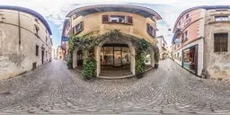 360-degree HDRI panorama of a quaint shop front with cobblestone street and ivy embellishments for realistic lighting.