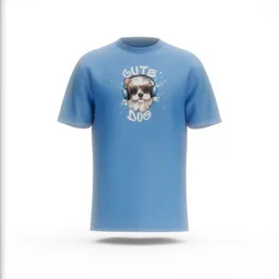 Realistic blue crew-neck t-shirt 3D model with 'Cute Dog' graphic, designed for Blender visualization.