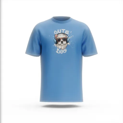 Realistic blue crew-neck t-shirt 3D model with 'Cute Dog' graphic, designed for Blender visualization.