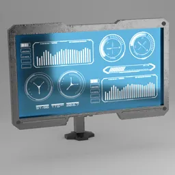 "Scifi Monitor Display Device - Brushed Steel Design with Blue Screen Displaying Dashboard Signals - 3D Model for Blender 3D."