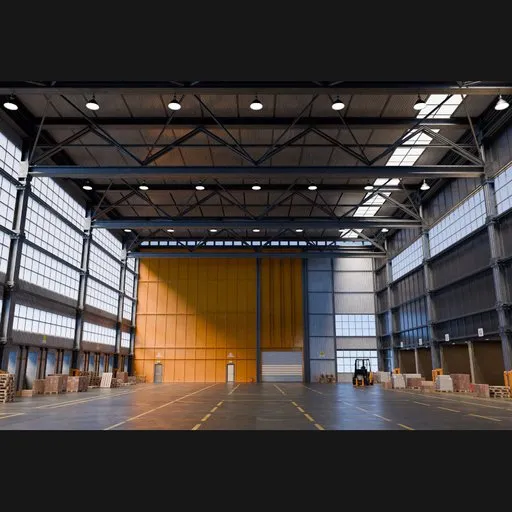 3D rendered industrial warehouse scene with detailed materials and Cycles lighting, including a forklift model.