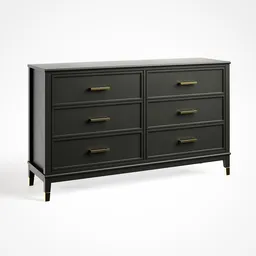 Black dresser with gold handles and six spacious drawers, perfect for a trendy living room. Realistically shaded and proportioned 3D model created in Blender 3D. The Westerleigh Dresser is a must-have statement piece for any sophisticated interior design.