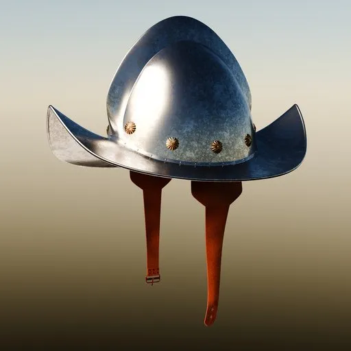 Detailed 3D rendering of a metallic blue Morrion helmet with gold accents, suitable for use in Blender.