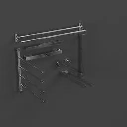"Modern bathroom towel rack set in black metal aesthetics rendered with detailed mechanical parts. This 3D model for Blender 3D features a vertical orientation with a 1:1 aspect ratio. Created by Derf, the Towel Rack Set Metall is a high-quality CAD design suitable for various product design projects."