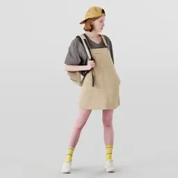 Detailed 3D model of a stylish young female with backpack in casual outfit, cap, and sneakers looking aside, ideal for Blender renderings.
