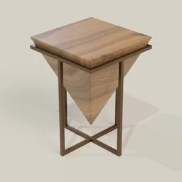 Detailed 3D wooden end table model with X-frame base created in Blender, showcasing textures and geometry.