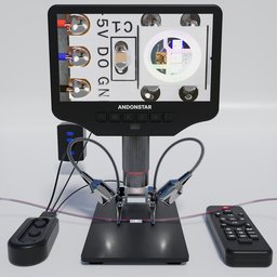 Detailed Blender 3D model of a digital microscope with flexible elements and adjustable cables.