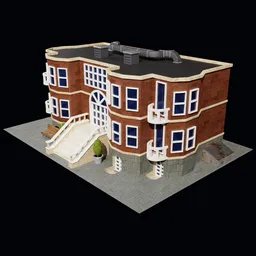 "3D model of a Home Office in Blender 3D, featuring a building with a staircase and ramp, red bricks, and a rounded house design. This video game asset file is inspired by lovecraft and Jacob Toorenvliet, with a cute character and an orthographic front view. Suitable for motion graphics and video games, it includes textures like normal, brightness, roughness, and metal, with a resolution of 4096 * 4096."
