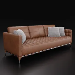 Highly detailed leather tufted sofa 3D model with pillows, compatible with Blender 4.0, adaptable color.