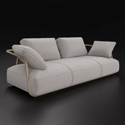 Detailed Blender 3D model showcasing a contemporary fabric sofa with wooden accents.
