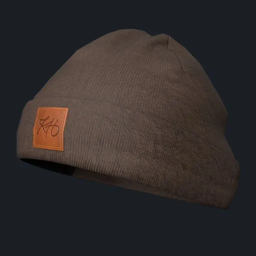 Highly detailed Blender 3D model of a ribbed knit beanie with leather logo patch.