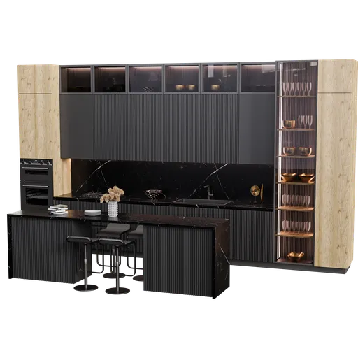 Sophisticated 3D-rendered modern kitchen set, detailed in Blender, with centimeter accuracy, and cycles render.