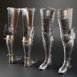 Low poly 3D Blender model of detailed historic military foot armor with high-quality metal textures, ready for use in projects.