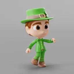 "Patrick Character Rigged 3D model for Blender 3D - a fantasy human male toy wearing a green hat, ready for adventure. Clean topology and low polygon count make for easy animation. Ideal for game asset or full-body portrait use."