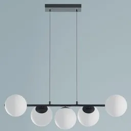 Modern 3D-rendered pendant light with five spherical bulbs for Blender modeling and rendering.