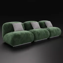 Velvet-textured 3D velvet sofa model showcasing plush cushions and adaptable color for Blender rendering.