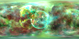 Vibrant cosmic HDRi with nebula and glowing planet in green, red, and turquoise for lighting scenes.