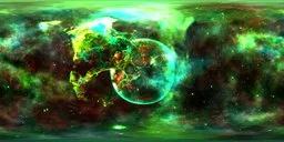 Vibrant cosmic HDRi with nebula and glowing planet in green, red, and turquoise for lighting scenes.