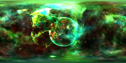 Vibrant cosmic HDRi with nebula and glowing planet in green, red, and turquoise for lighting scenes.