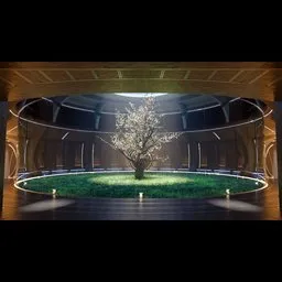 Detailed 3D sci-fi scene with a lone tree, vibrant lighting, and futuristic architecture for Blender.
