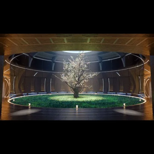 Detailed 3D sci-fi scene with a lone tree, vibrant lighting, and futuristic architecture for Blender.