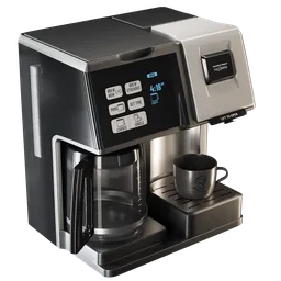 "Highly detailed and photorealistic FlexBrew® Trio coffee maker from Hamilton Beach, created using Blender 3D and rendered with Cycles. This 3D model includes a control panel, metallic buttons, and a full frontal view. Additionally, the 4K resolution and two UV sets provide excellent texture quality, making it suitable for all 3D projects."